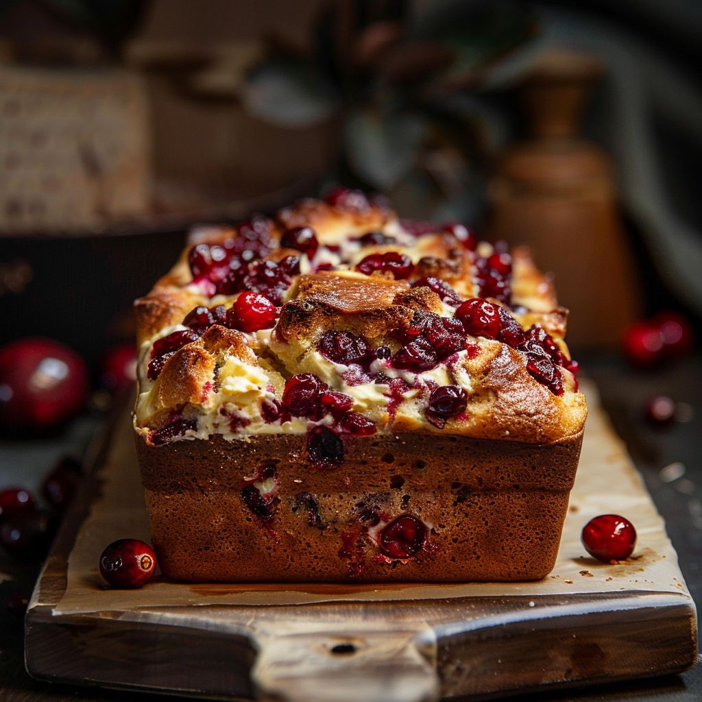 A slice of Cream Cheese Cranberry Loaf with visible cranberry pieces and a creamy texture.