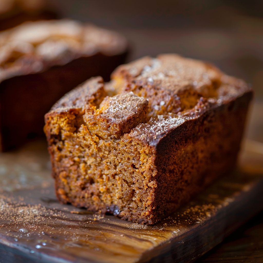 A slice of cinnamon pumpkin bread on a rustic wooden table.