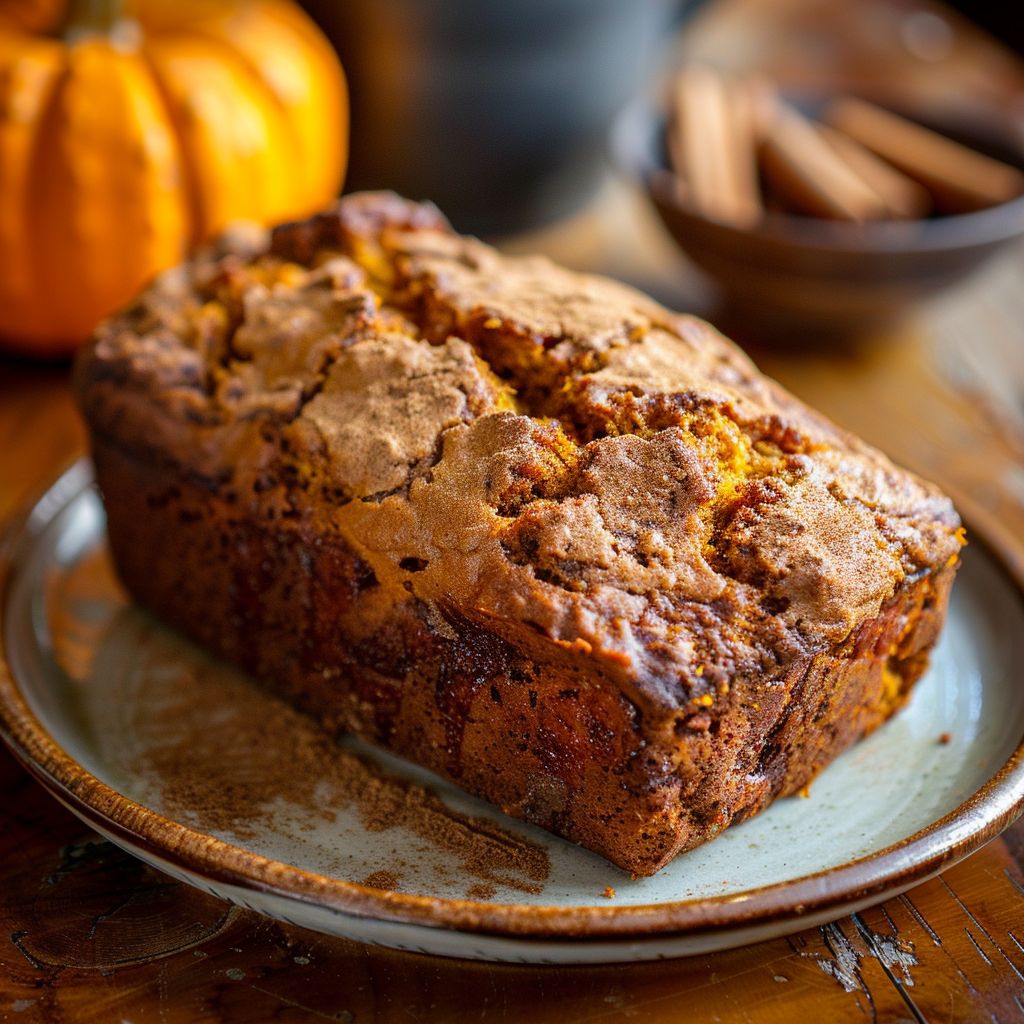 A slice of cinnamon pumpkin bread displayed on a wooden board with a light background.