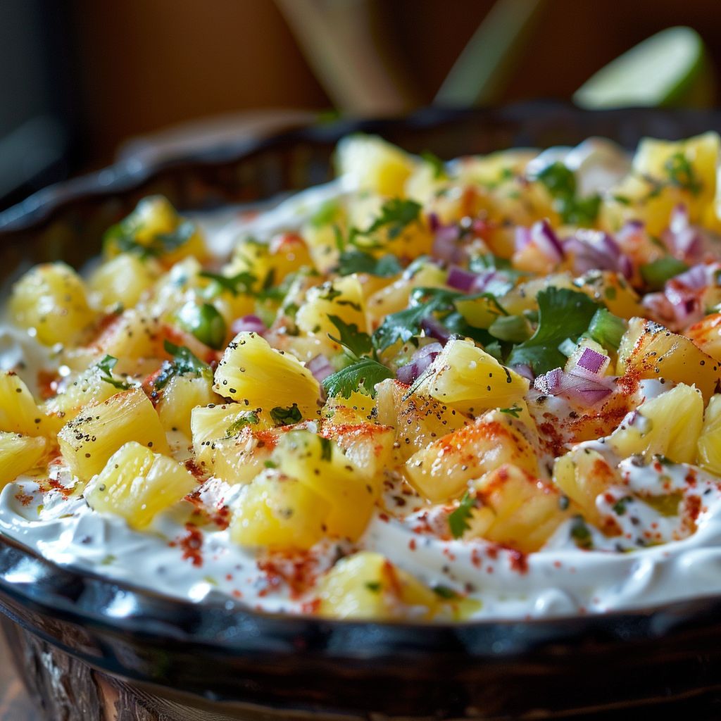 Close-up of a creamy Sweet and Tangy Party Dip with colorful ingredients in a rustic setting.