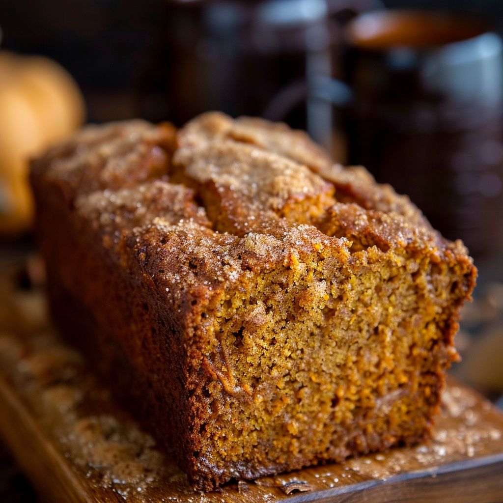 A freshly baked cinnamon pumpkin bread loaf on a rustic wooden surface.