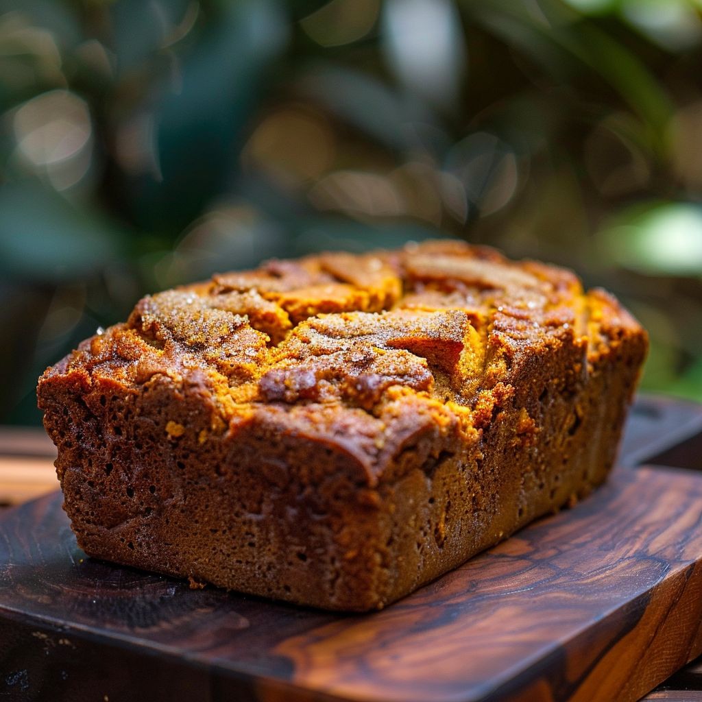 A loaf of cinnamon pumpkin bread on a rustic wooden surface, with a soft focus background.