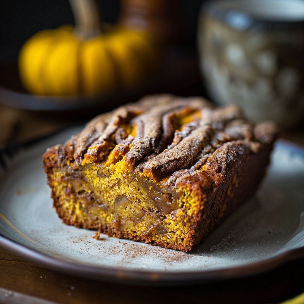 A close-up of a slice of cinnamon pumpkin bread on a wooden cutting board.