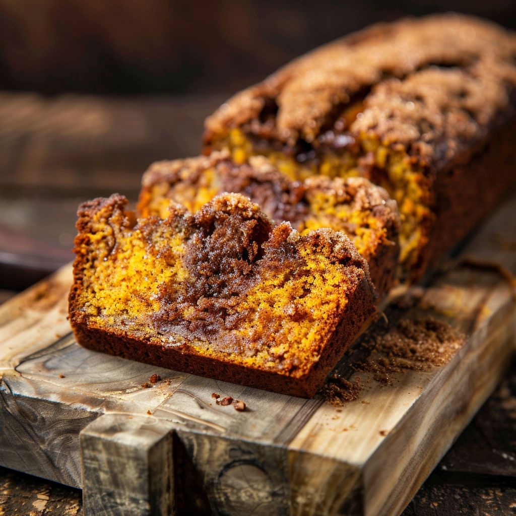 A loaf of cinnamon pumpkin bread with a golden-brown crust, sliced to reveal a soft, moist interior.