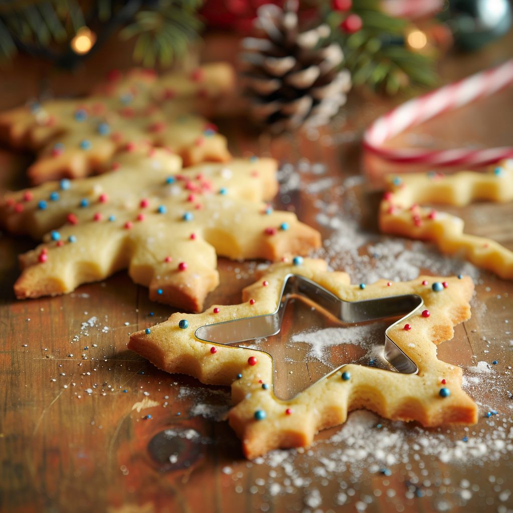 Large Christmas cookie cutters in various festive shapes, surrounded by flour and baking tools.