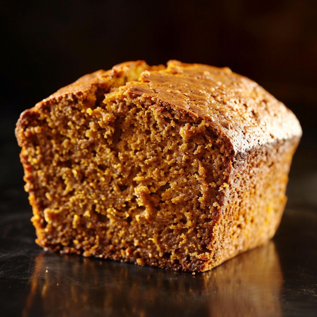 A slice of moist pumpkin bread topped with brown sugar pecans, displayed on a wooden board.