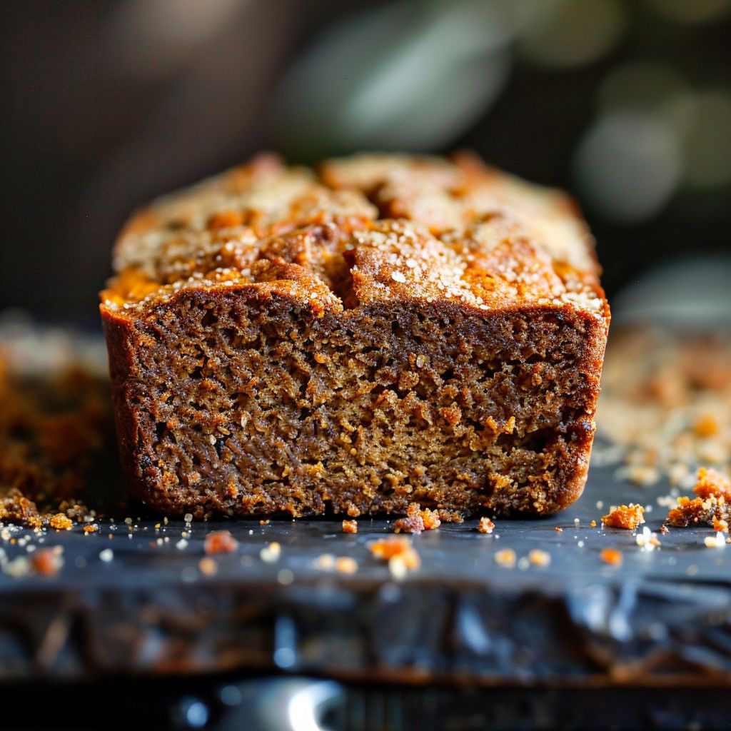 A slice of rich brown butter pumpkin bread topped with a glossy salted maple glaze on a wooden cutting board.