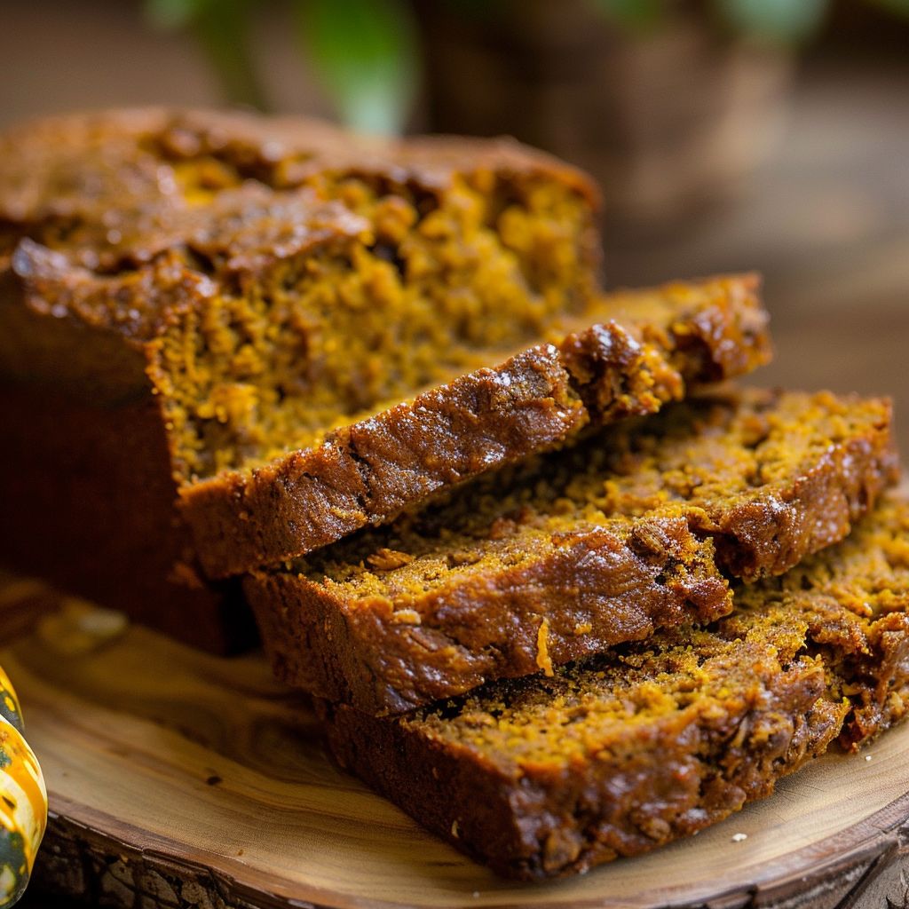 A loaf of brown butter pumpkin bread drizzled with salted maple glaze, displayed on a rustic wooden cutting board.