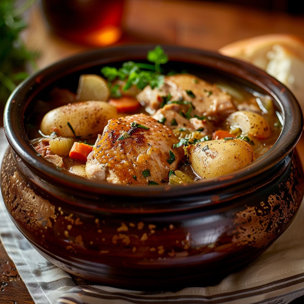A close-up photo of slow cooker chicken stew with colorful vegetables, garnished with herbs.