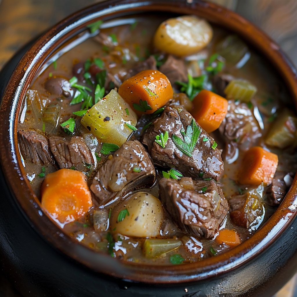 A bowl of hearty beef stew with chunks of beef, carrots, and potatoes in a rich sauce.