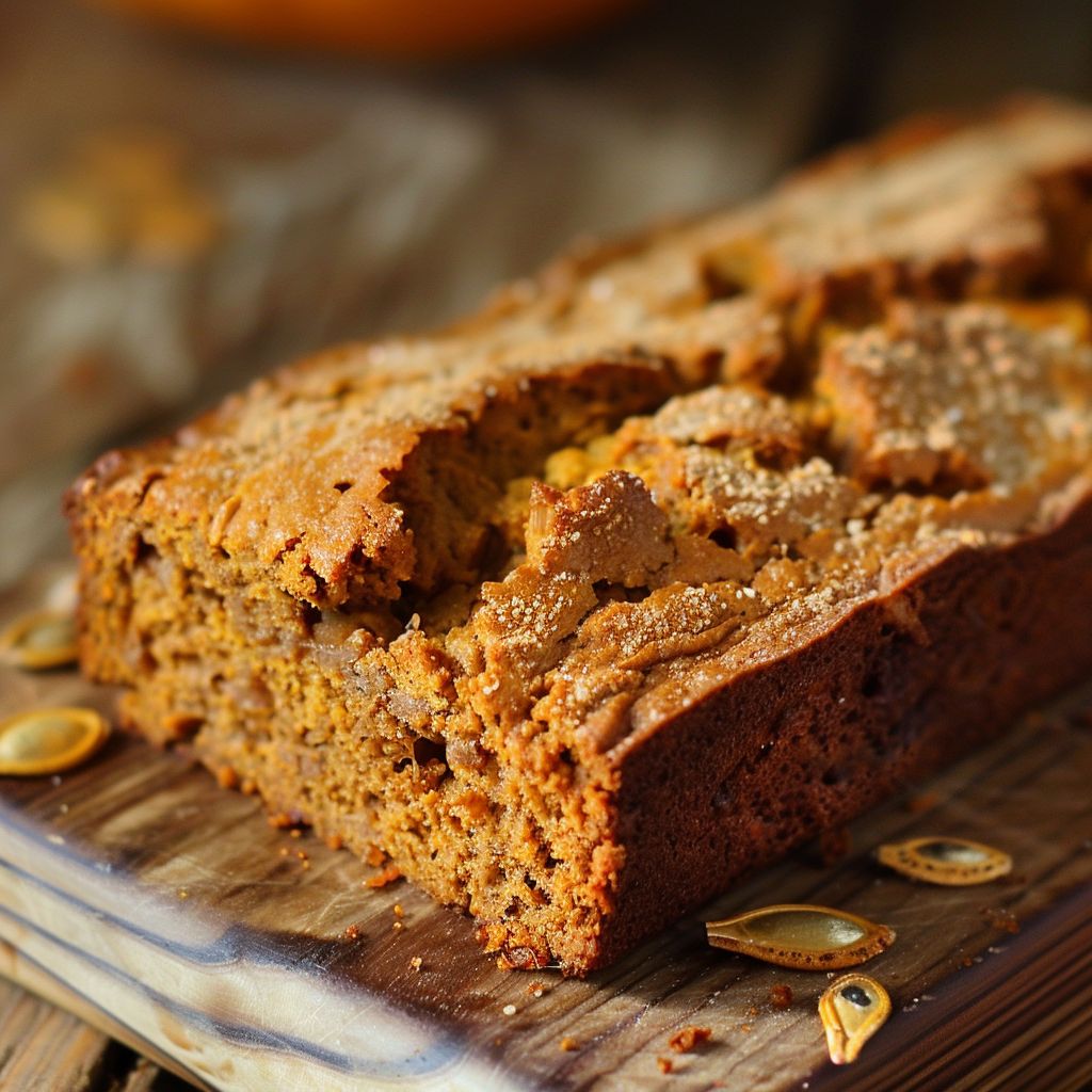 A freshly baked pumpkin bread loaf topped with a light brown streusel, placed on a wooden table.