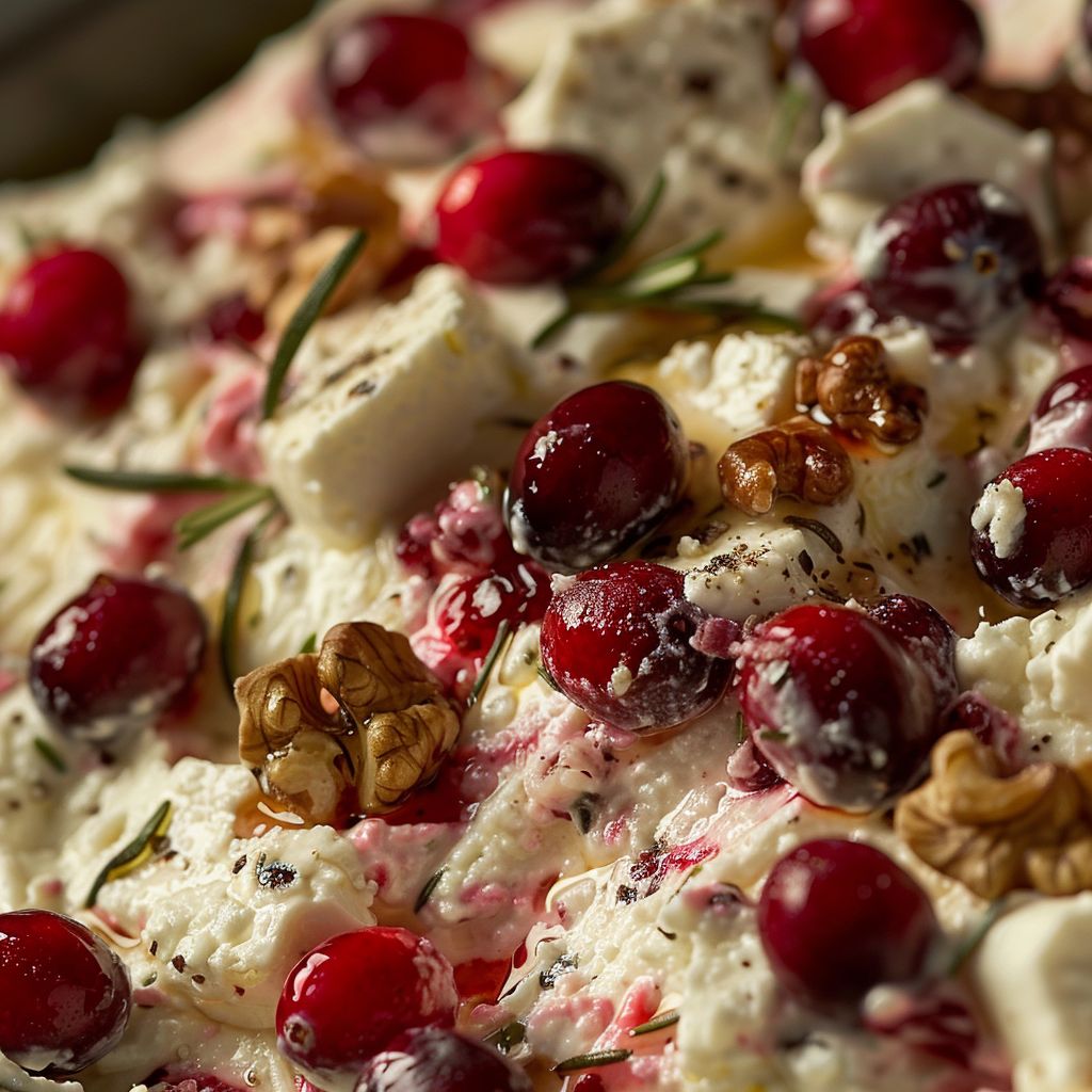 A close-up shot of a creamy cranberry whipped feta dip in a rustic bowl, garnished with walnuts and rosemary.