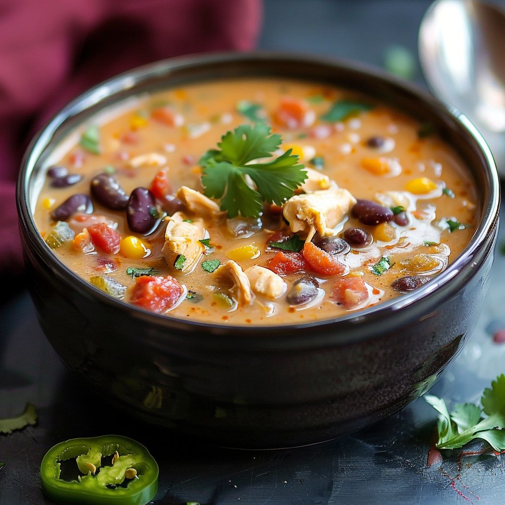 A bowl of creamy chicken chili garnished with cilantro and served with a spoon.