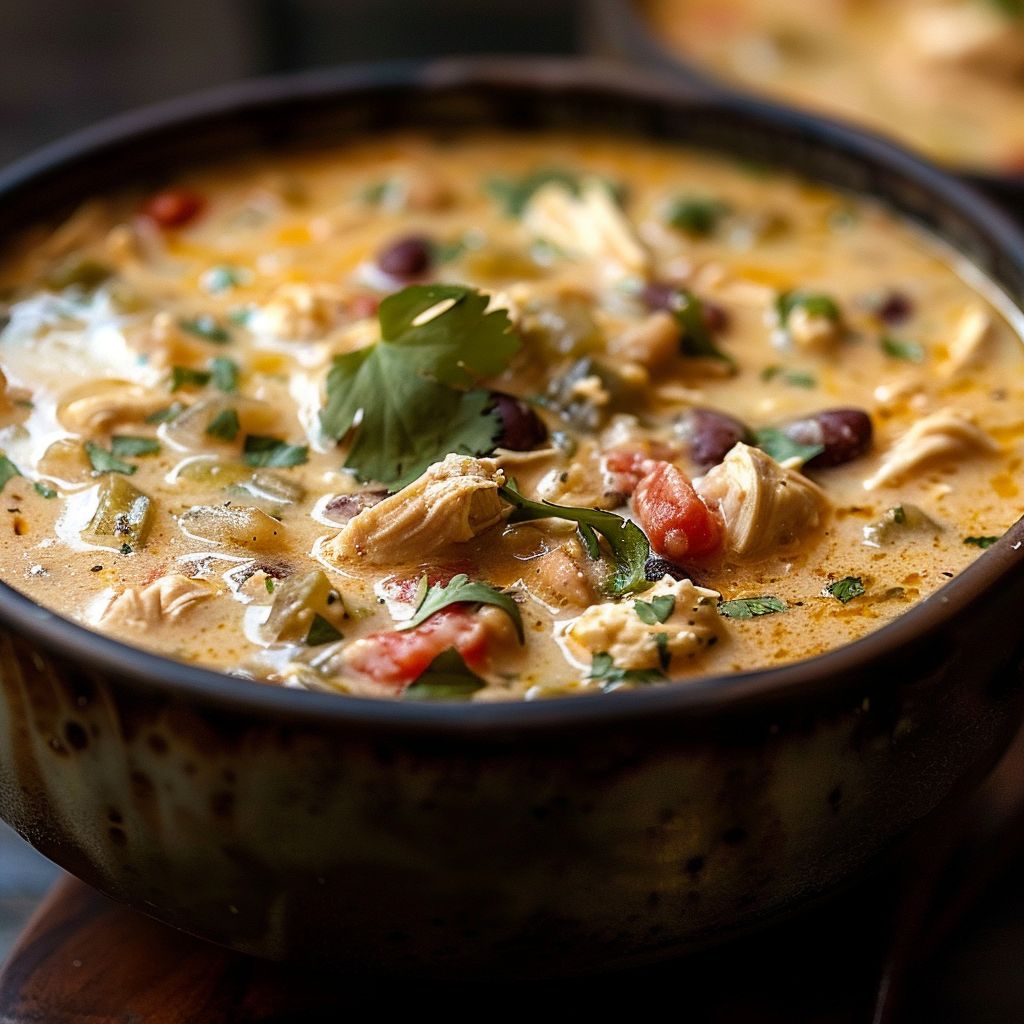 A bowl of creamy chicken chili topped with herbs and spices, served alongside fresh toppings.
