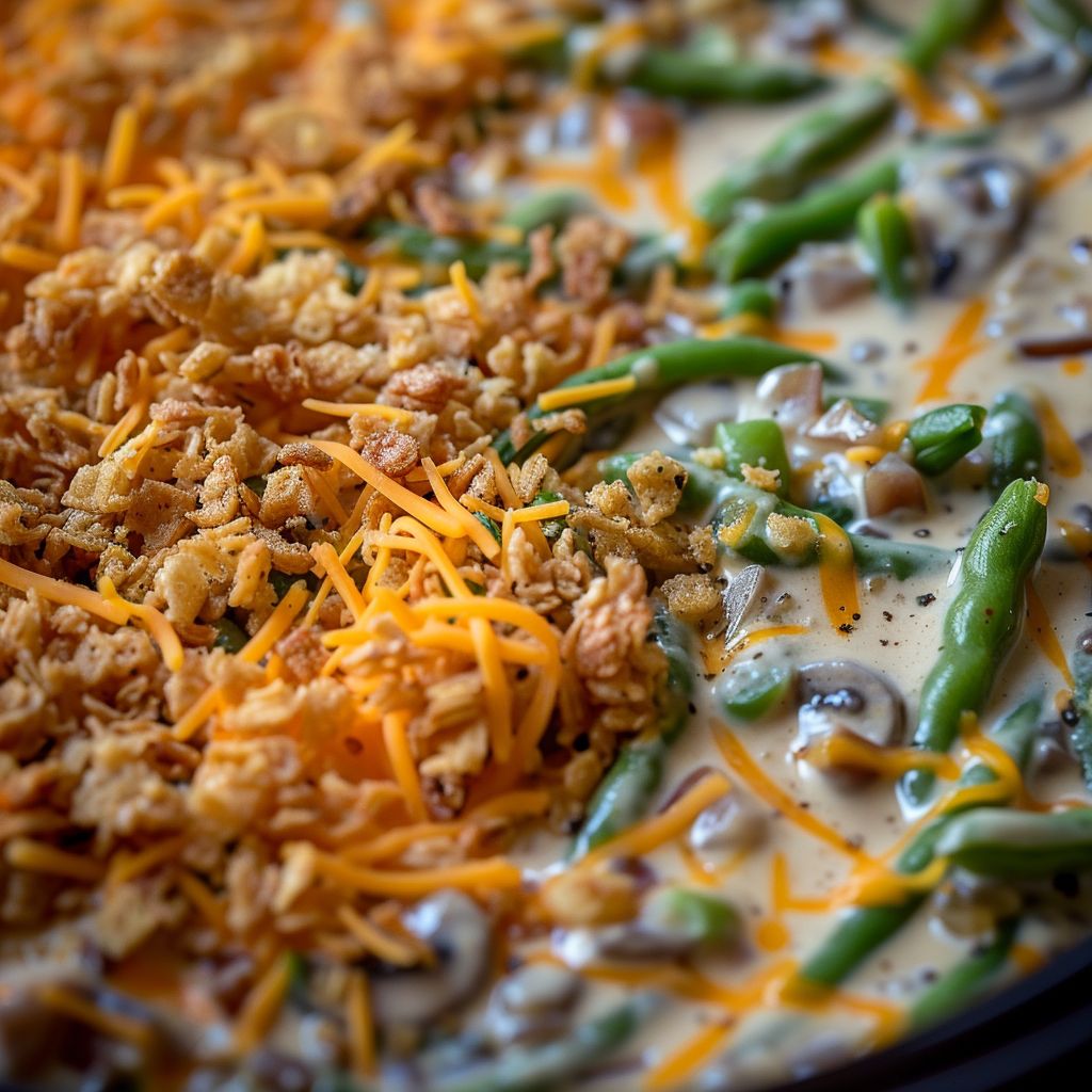 A close-up shot of a creamy green bean casserole topped with crispy French fried onions.