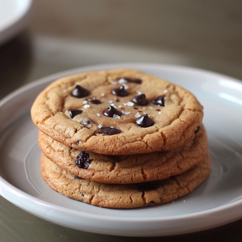 Three freshly baked brown butter chocolate chip cookies stacked on a light grey ceramic plate.