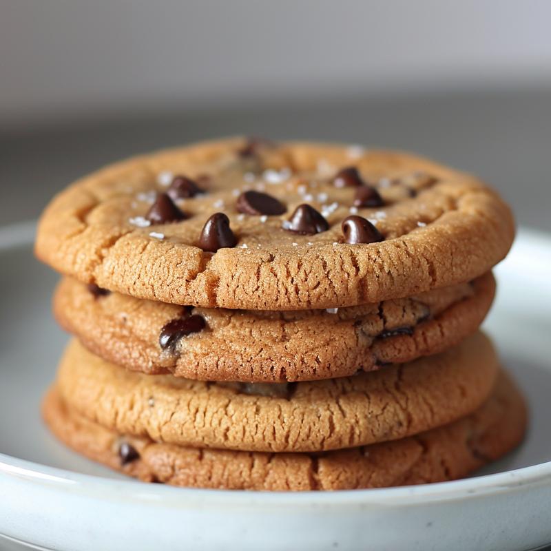 Close-up of three stacked brown butter chocolate chip cookies on a light grey ceramic plate.