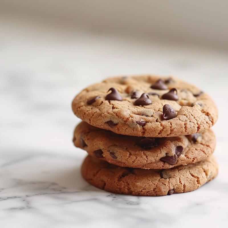A close-up of three freshly baked chocolate chip cookies stacked on a white marble surface.