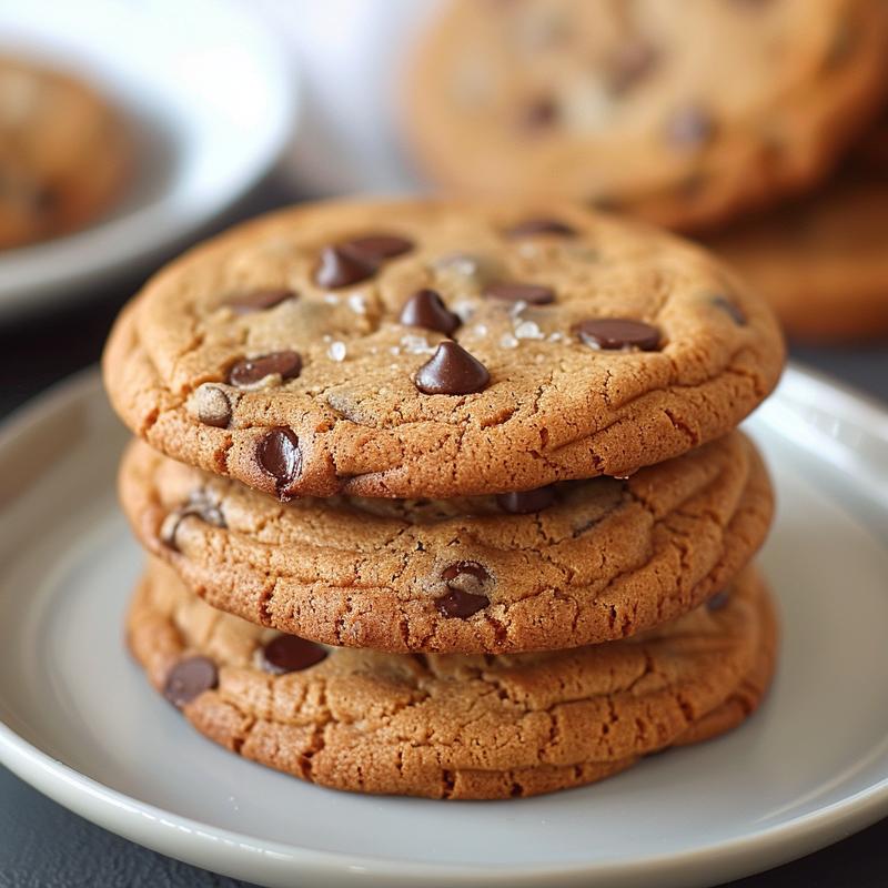 A stack of three chocolate chip cookies on a light grey ceramic plate, illuminated by natural light.