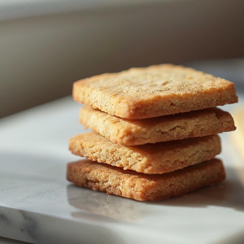 Close-up of three golden shortbread cookies stacked on a marble surface.