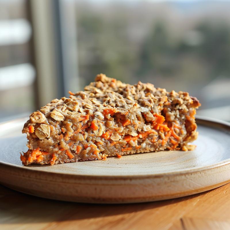 Close-up of a slice of healthy carrot cake oatmeal cookie on a wooden plate.