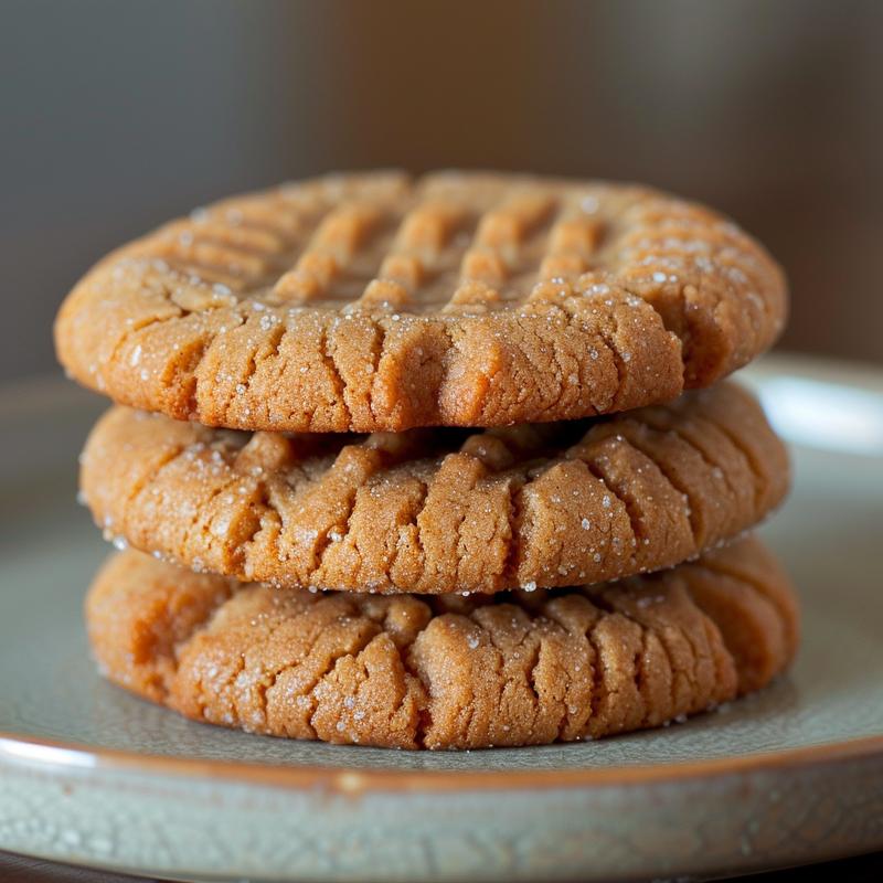 Three flourless peanut butter cookies stacked on a grey ceramic plate.