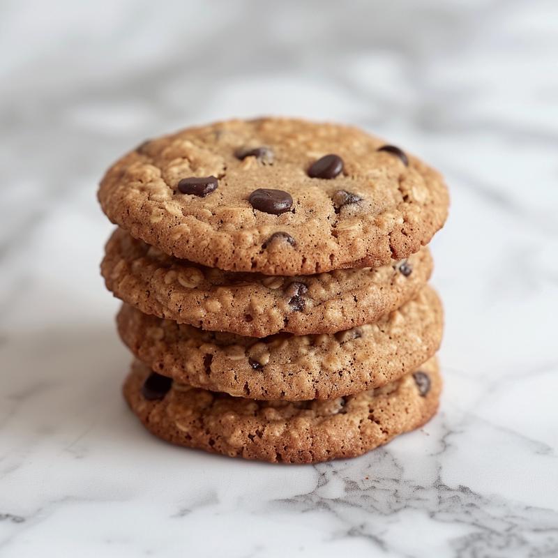A close-up of three chewy gluten-free oatmeal chocolate chip cookies stacked on a marble surface.