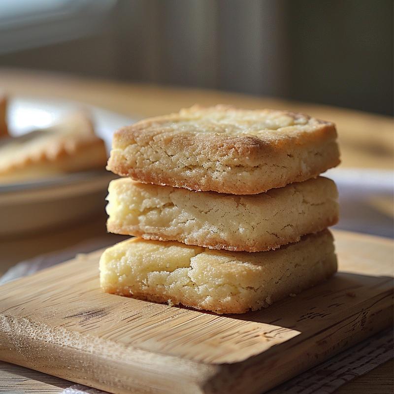 A close-up of three cut out shortbread cookies stacked on a light wood surface.