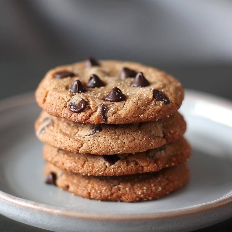 A close-up of three almond flour chocolate chip cookies stacked on a light grey ceramic plate.