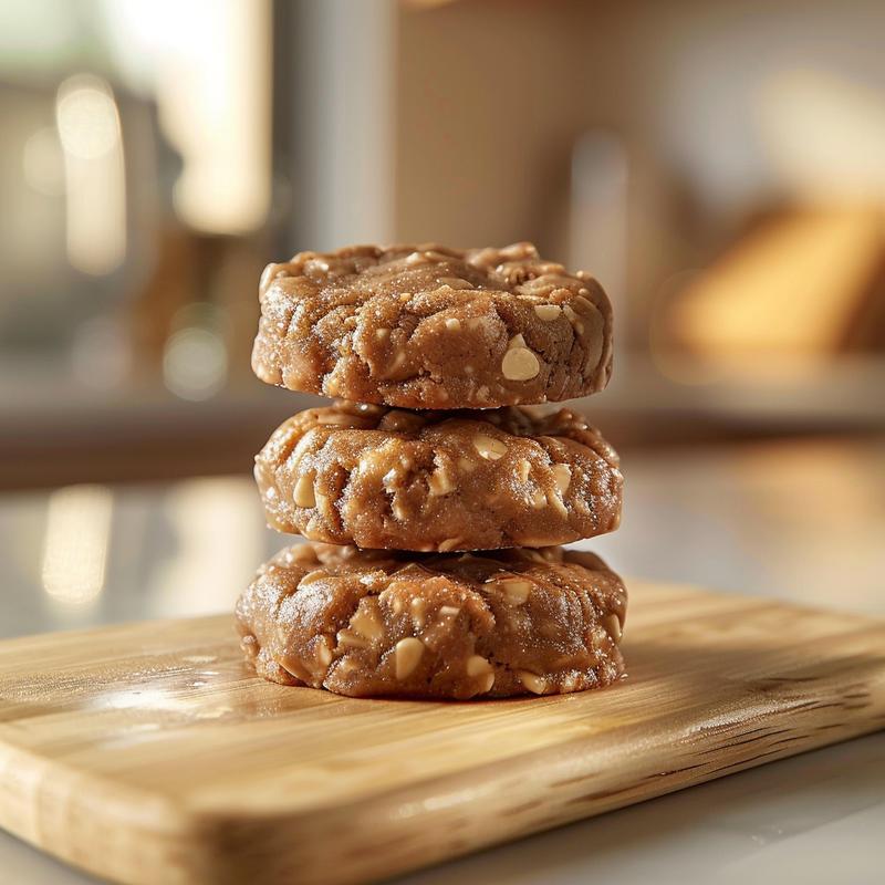A close-up view of three stacked no bake cookies on a wooden board, highlighting their texture.
