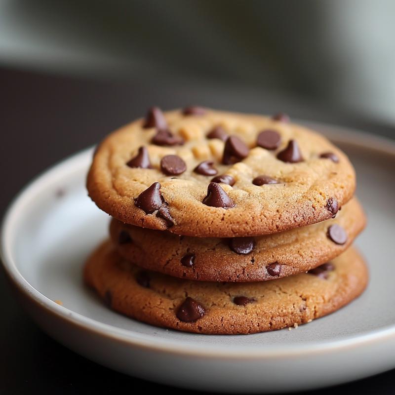 Close-up of a stack of three freshly baked chocolate chip cookies on a light grey ceramic plate.