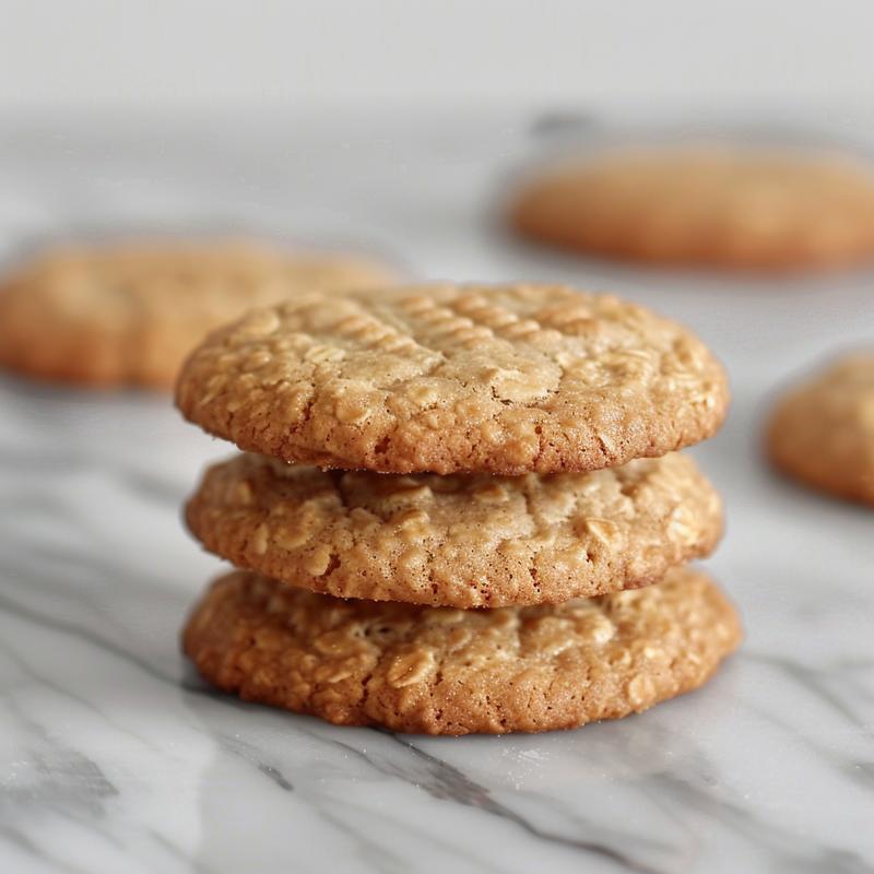 Close-up of three vegan oatmeal cookies stacked on a white marble surface, illuminated by natural light.
