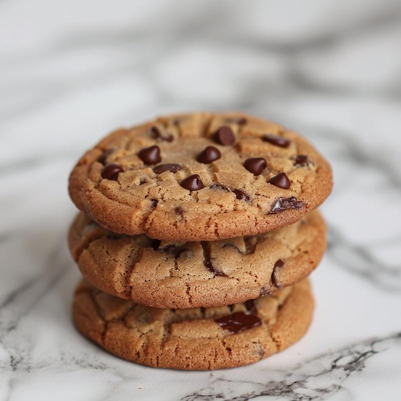 A close-up view of three stacked chocolate chip cookies on a white marble surface, showcasing their texture and golden-brown color.