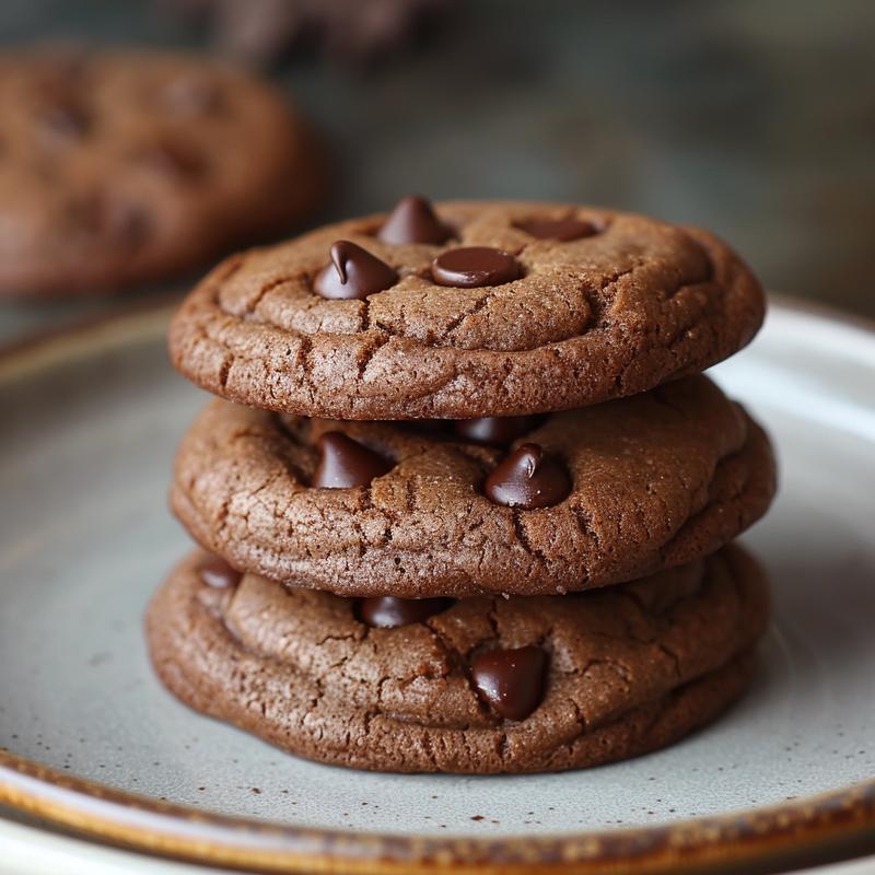 A close-up view of three stacked vegan double chocolate chip cookies on a light grey plate.