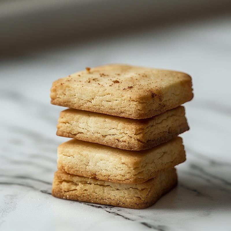 Close-up of three decorated Christmas cookies stacked on a white marble surface.