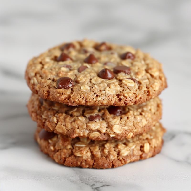 Close-up of three stacked oatmeal chocolate chip cookies on a white marble surface.