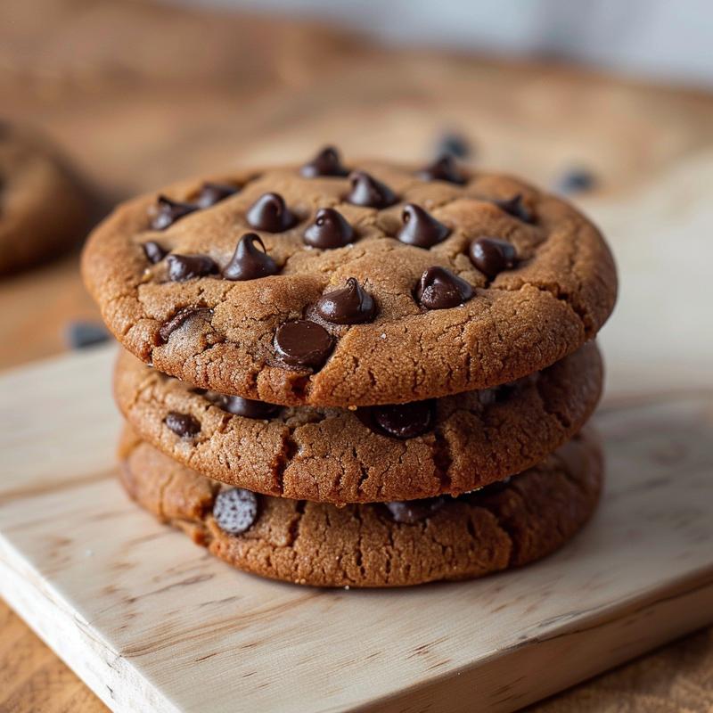 A stack of three golden chocolate chip cookies on a light wood board.