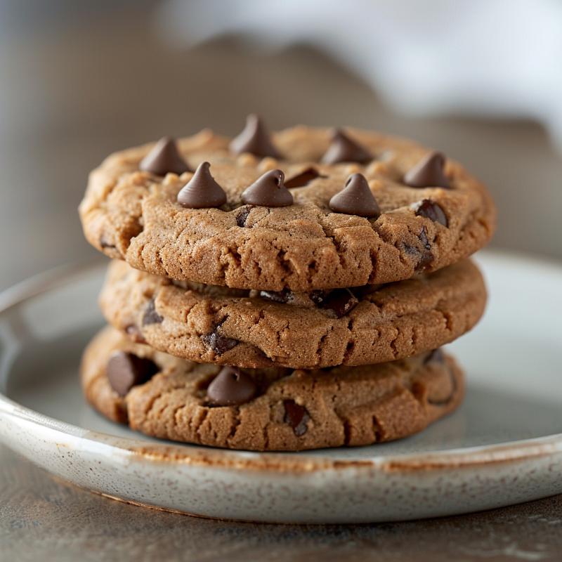 A close-up of three gluten-free double chocolate chip cookies on a light grey plate.