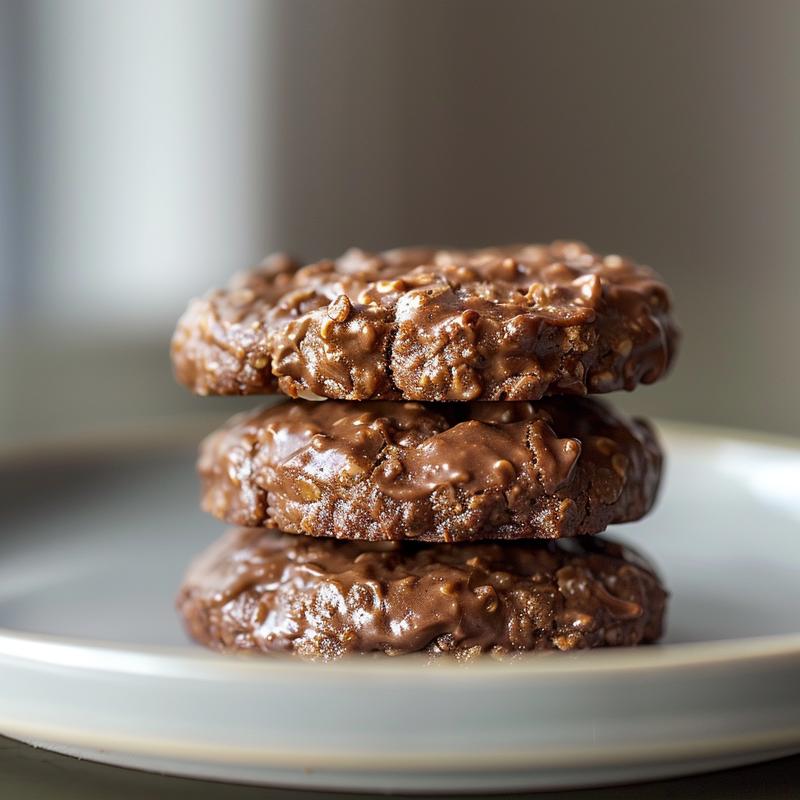 A close-up of three chocolate no bake cookies stacked on a light grey plate.