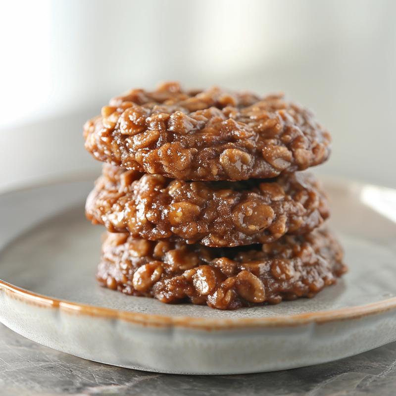 Close-up of three refined sugar-free no-bake cookies stacked on a light grey ceramic plate.