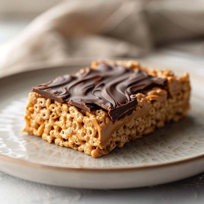 A close-up of a slice of no bake rice krispies cookie with peanut butter and chocolate on a light grey plate.