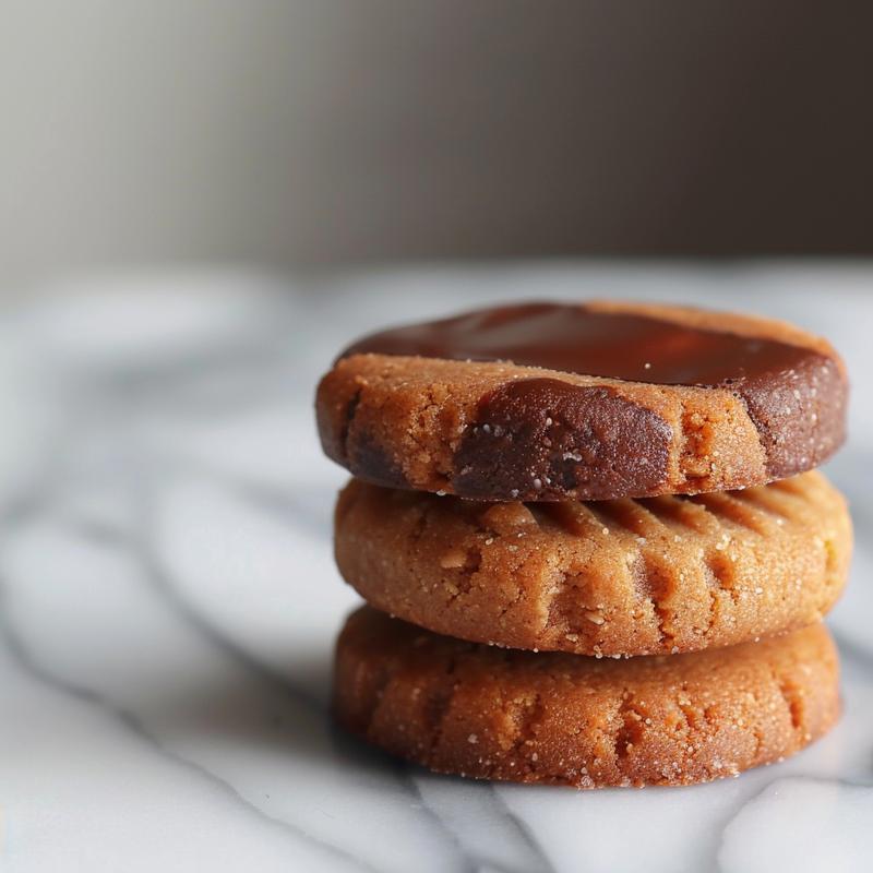 A close-up of three stacked keto cookies made with almond flour and sugar-free chocolate on a marble surface.