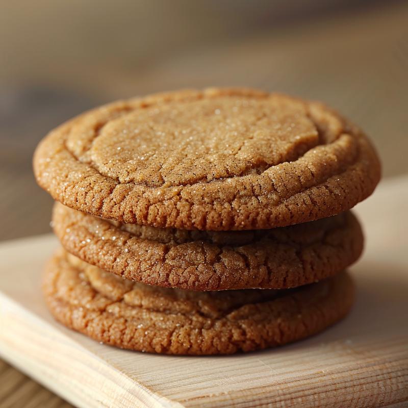 A stack of three low sugar ginger cookies on a light wood board with natural lighting.