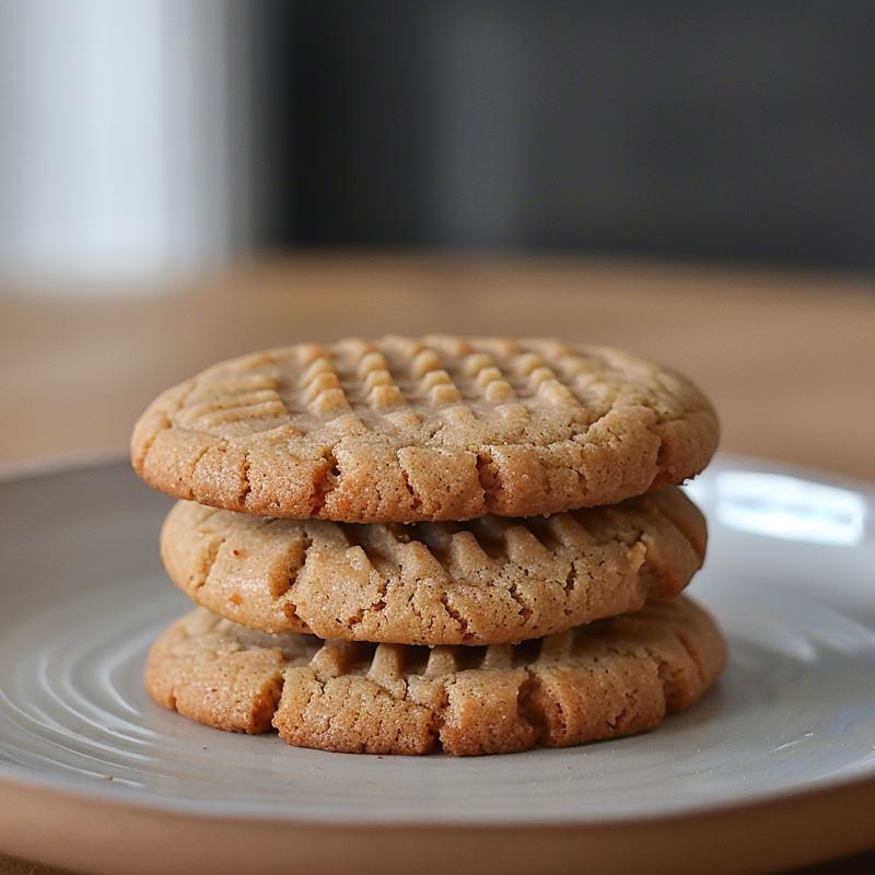A close-up of a stack of three golden brown peanut butter cookies on a light grey ceramic plate.