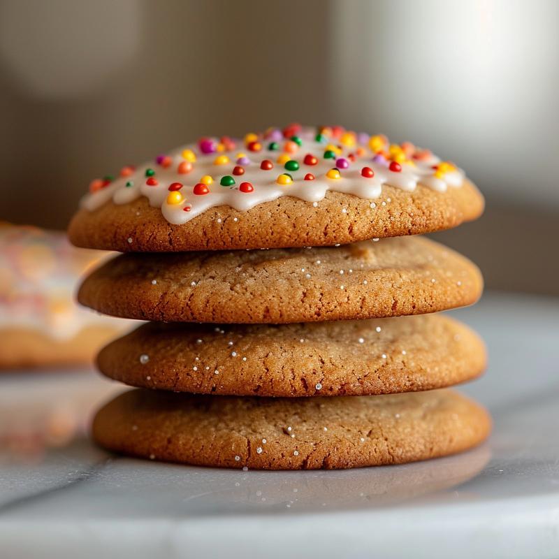 A close-up of three stacked Christmas lights sugar cookies decorated with royal icing on a marble surface.