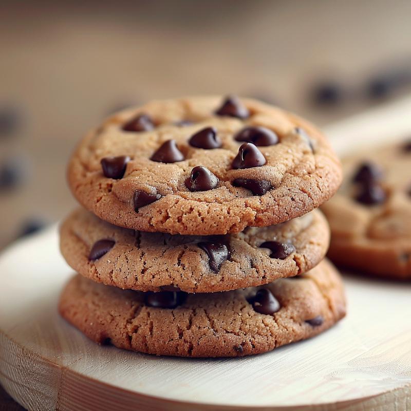 A close-up of a stack of three chocolate chip cookies on a wooden board, showing their texture and golden-brown color.