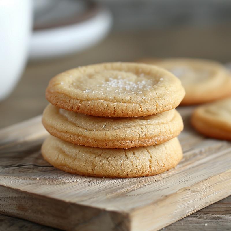 A close-up view of three freshly baked sugar cookies stacked on a light wood board.