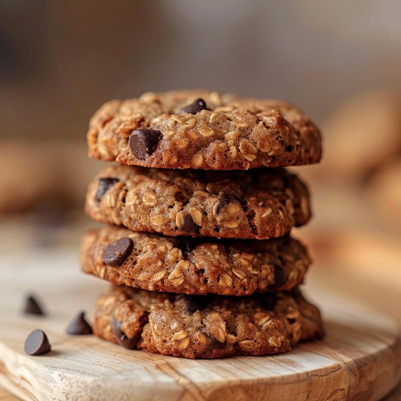 Close-up of a stack of three banana oatmeal cookies with chocolate chips on a wood board.