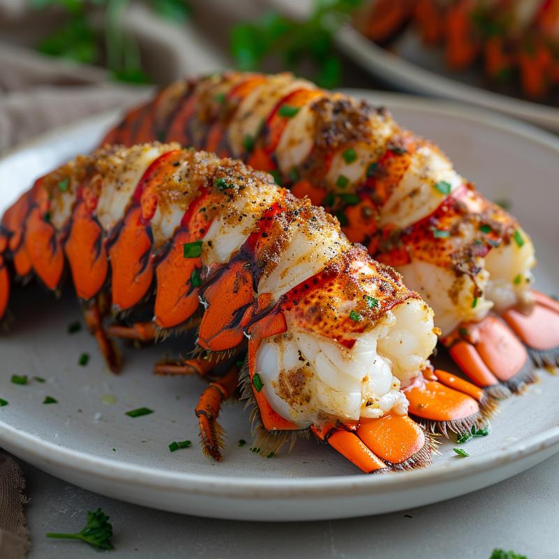 Close-up of perfectly baked lobster tails on a light grey ceramic plate.