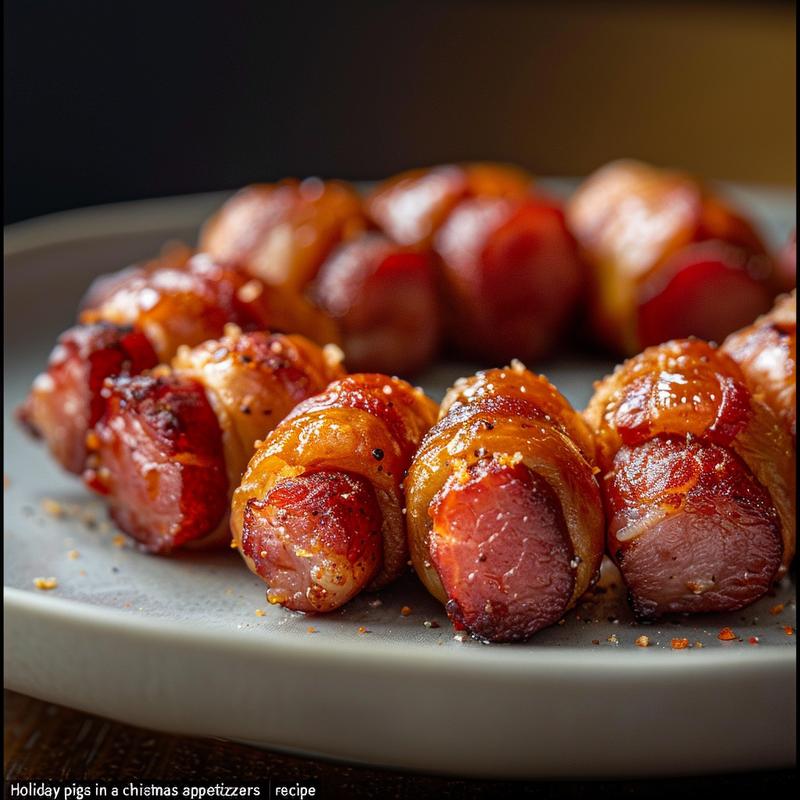A close-up view of holiday pigs in a blanket arranged on a light grey ceramic plate, showcasing their golden-brown pastry and savory filling.